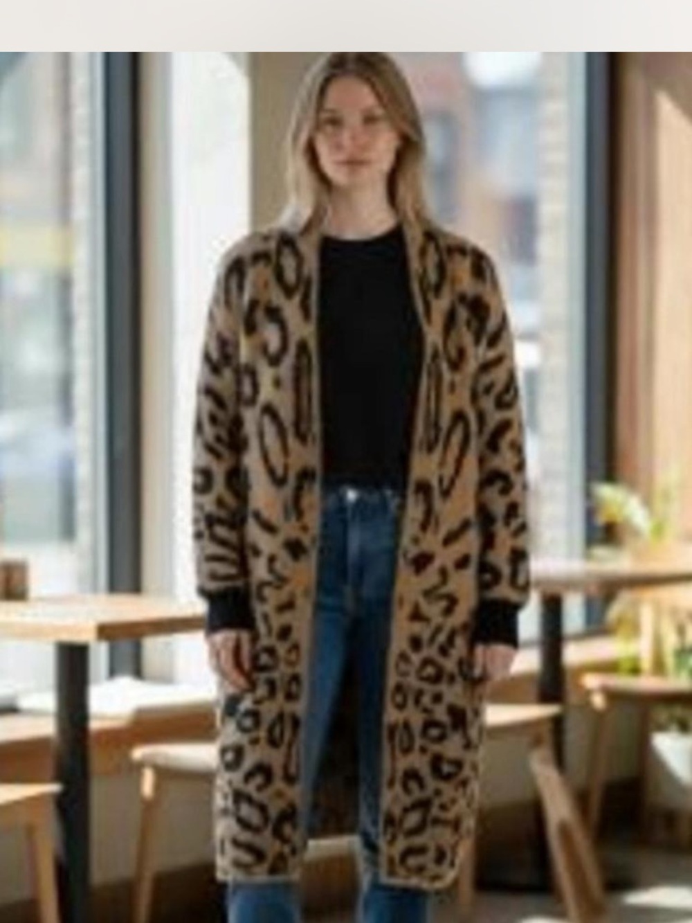 Alya Long Leopard-Print Open Front Cardigan - Brown & Black